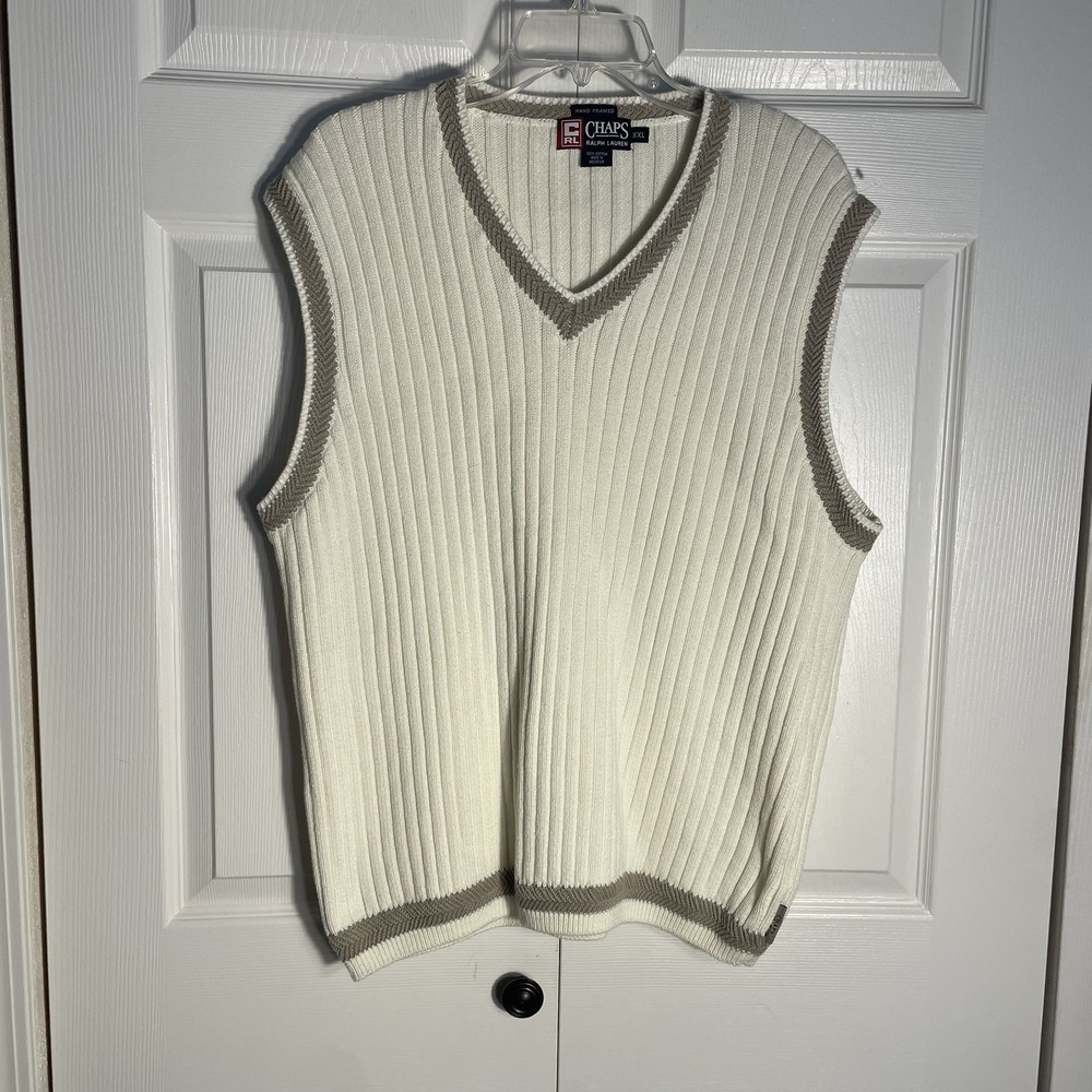 Vintage CHAPS Ralph Lauren Sweater Vest‎ Men XXL Beige Y2K Ribbed Knit Tan Trim